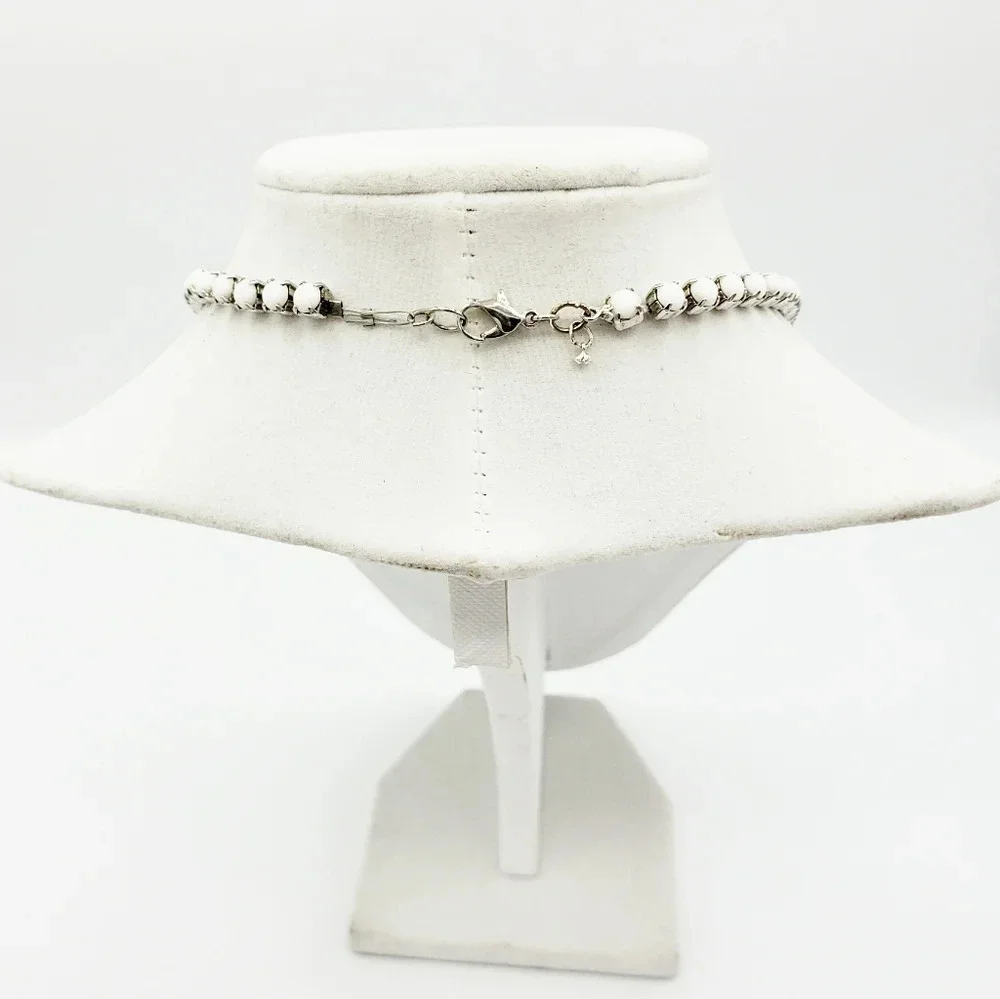Vintage Kramer Milk Glass White & Silver Mid-Century Era Necklace